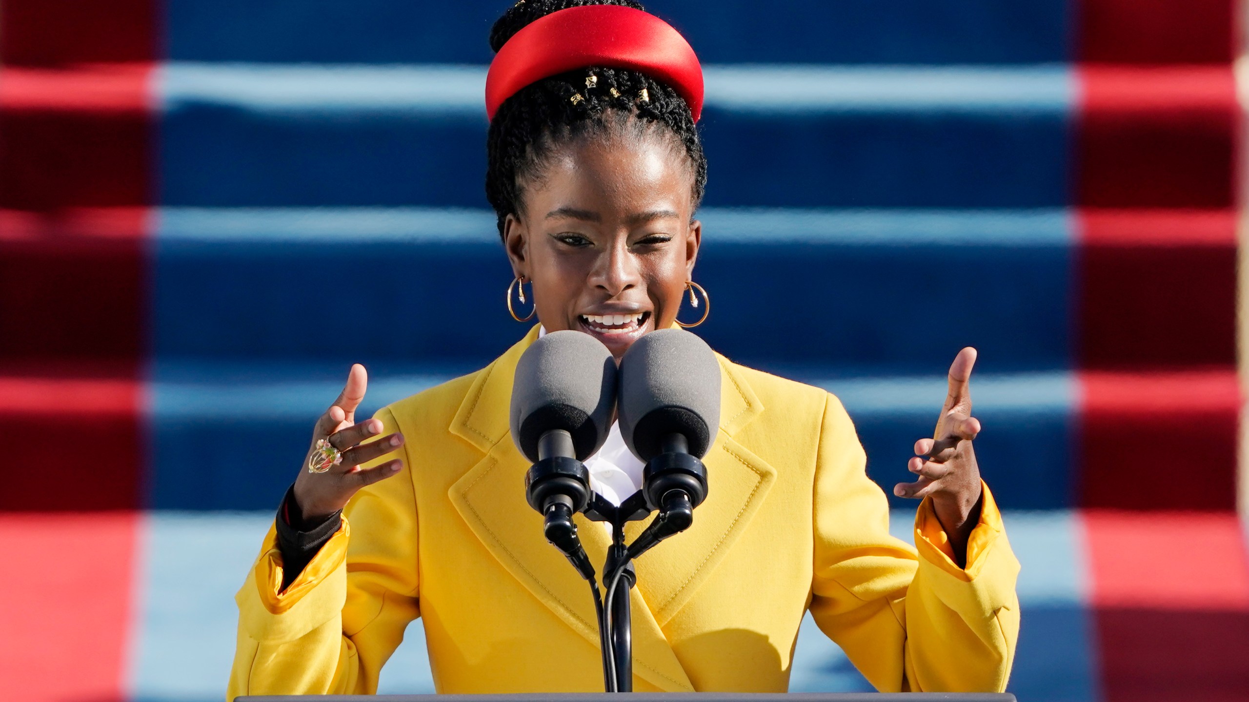 American poet Amanda Gorman reads a poem during the 59th Presidential Inauguration at the US Capitol in Washington DC on Jan. 20, 2021. (PATRICK SEMANSKY/POOL/AFP via Getty Images)