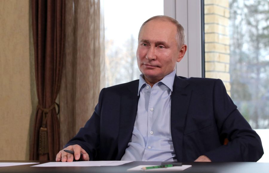 Russian President Vladimir Putin holds a meeting with Russian students via a videoconference at a residence in Zavidovo, Tver region, on the Students' Day on Jan. 25, 2021. (Mikhail KLIMENTYEV / SPUTNIK AFP via Getty Images)