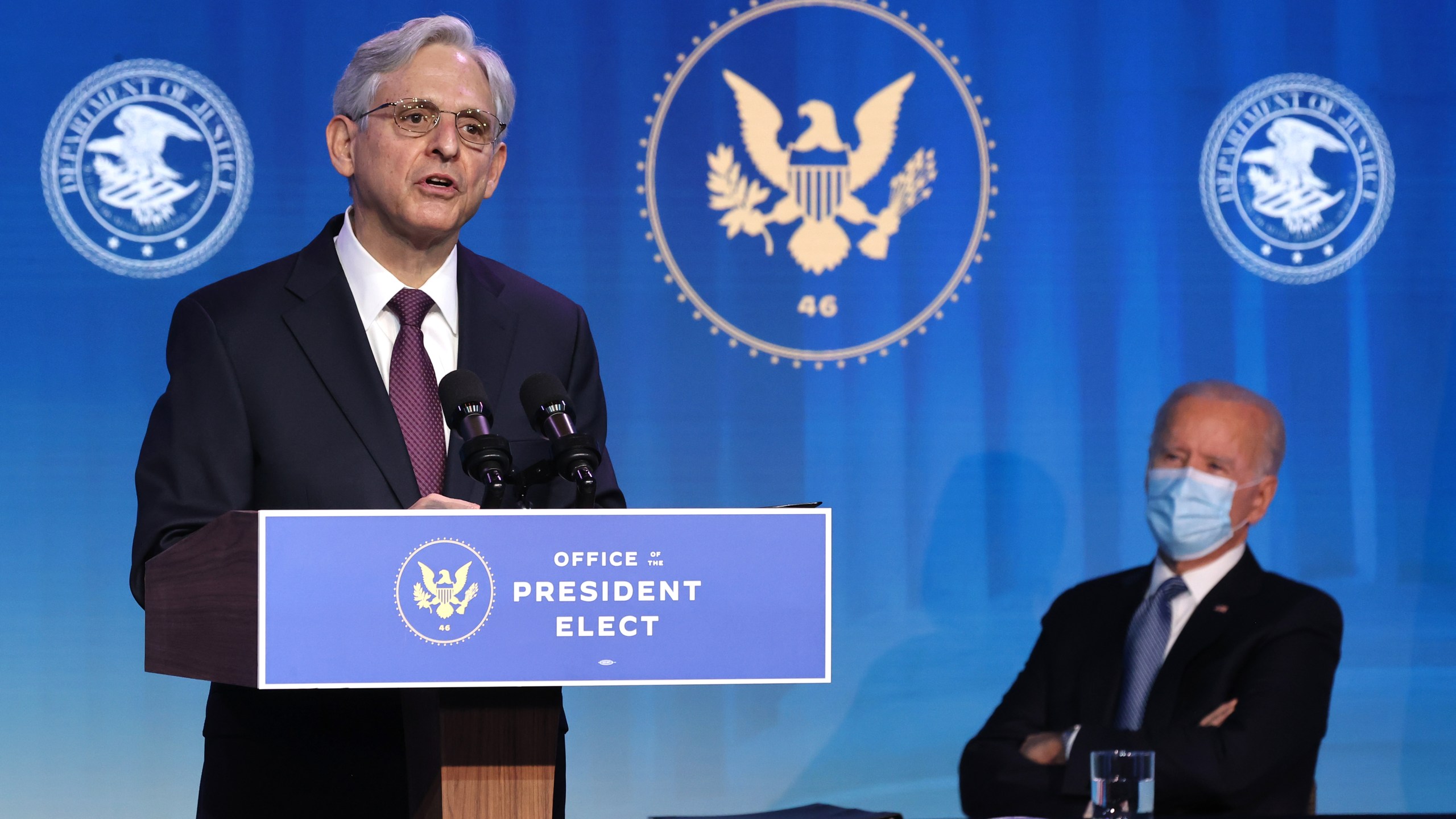 Federal Judge Merrick Garland delivers remarks after being nominated to be U.S. attorney general by President-elect Joe Biden at The Queen theater in Wilmington, Delaware on January 7, 2021. (Chip Somodevilla/Getty Images)