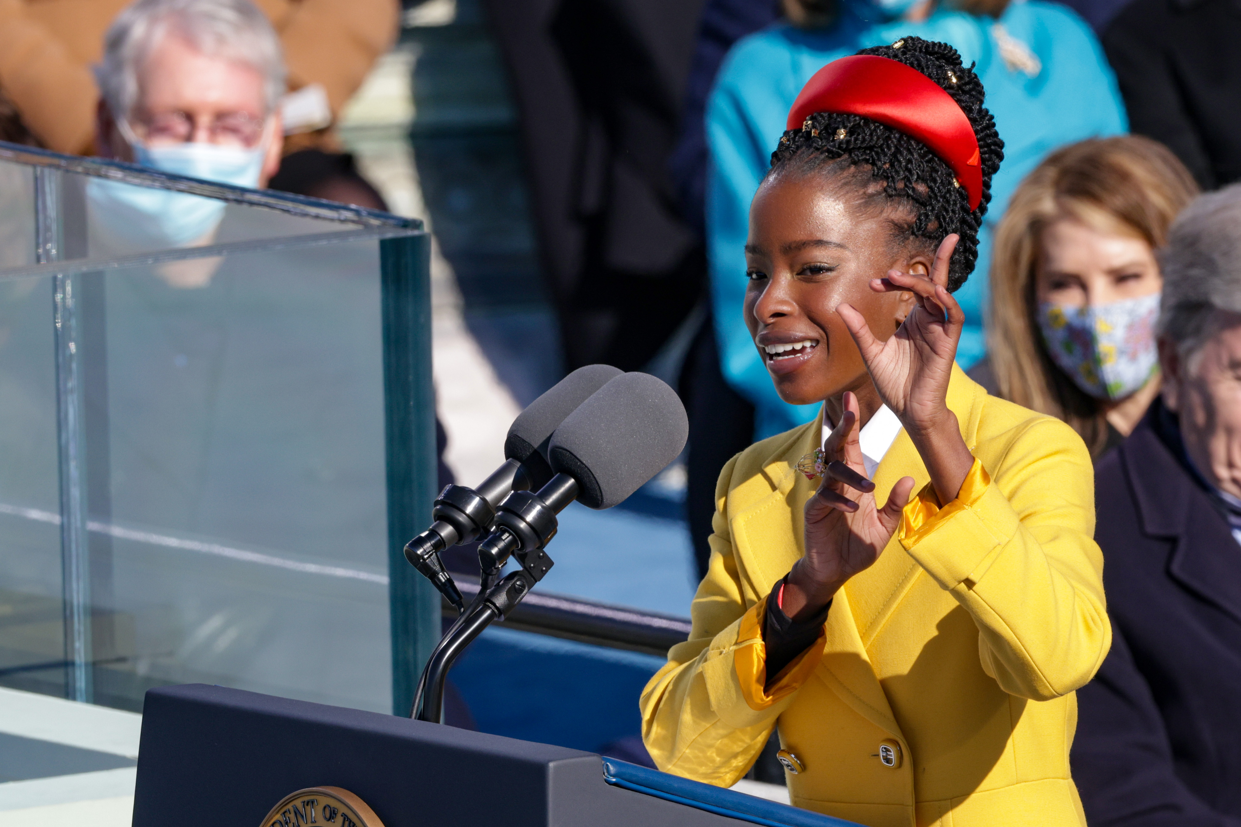 Youth Poet Laureate Amanda Gorman of L.A. speaks at the inauguration of U.S. President Joe Biden on the West Front of the U.S. Capitol on Jan. 20, 2021 in Washington, DC. (Photo by Alex Wong/Getty Images)