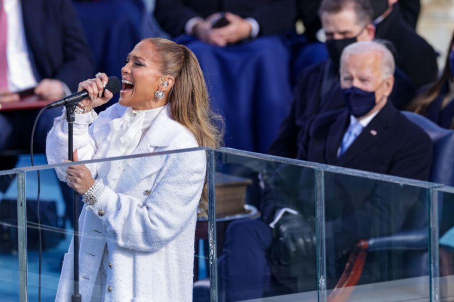 Jennifer Lopez sings during the inauguration of U.S. President-elect Joe Biden on the West Front of the U.S. Capitol on January 20, 2021 in Washington, DC.  During today's inauguration ceremony Joe Biden becomes the 46th president of the United States. (Alex Wong/Getty Images)