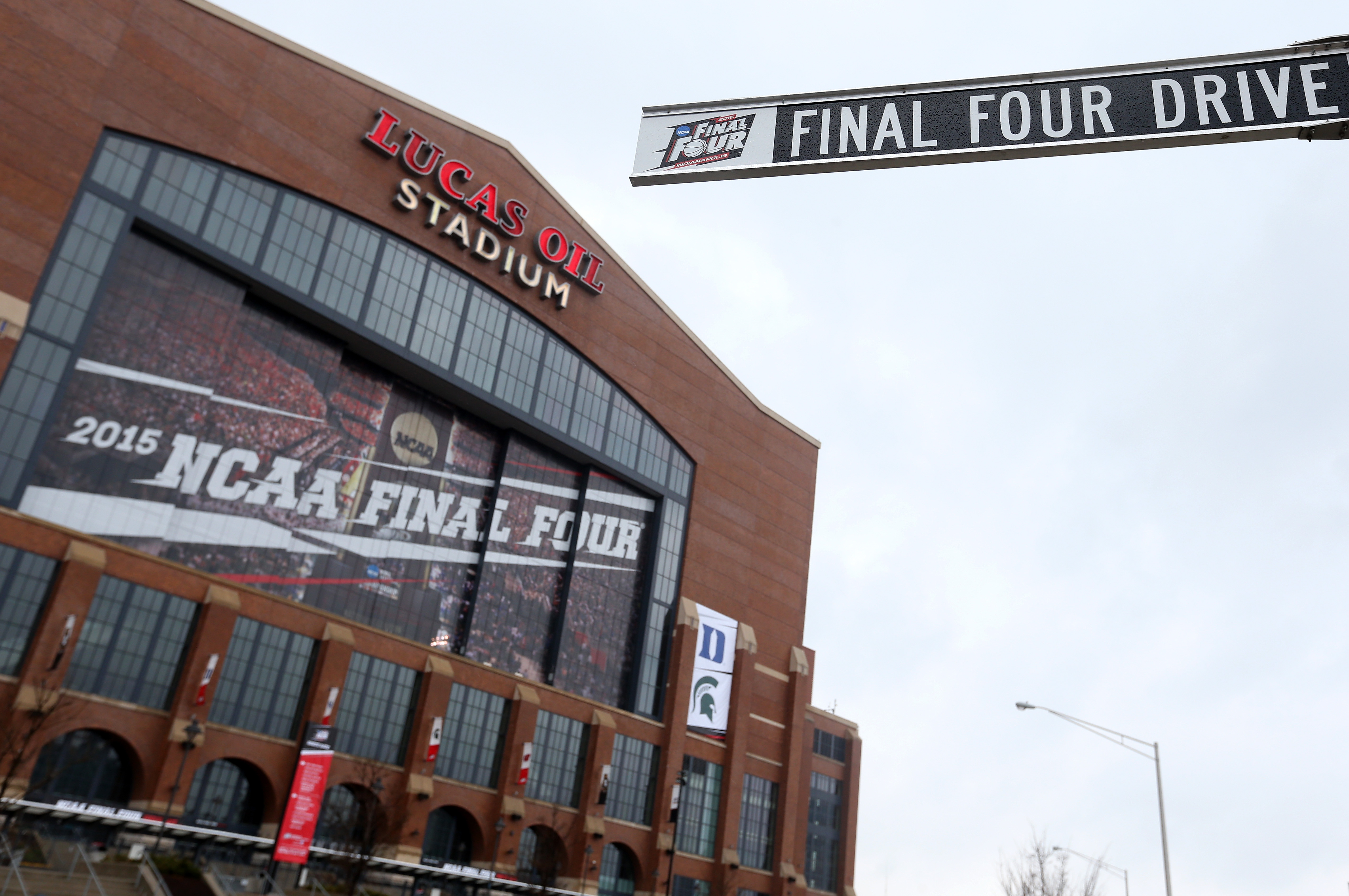 A file photo shows the Final Four Drive street sign outside Lucas Oil Stadium ahead of the 2015 NCAA Men's Final Four on April 2, 2015 in Indianapolis, Indiana. (Streeter Lecka/Getty Images)