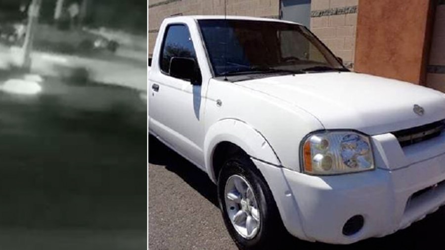 San Bernardino police on Jan. 14, 2021 released a photo of a truck involved in a hit-and-run crash the previous night (left) as well as a photo of a truck similar to the one involved.