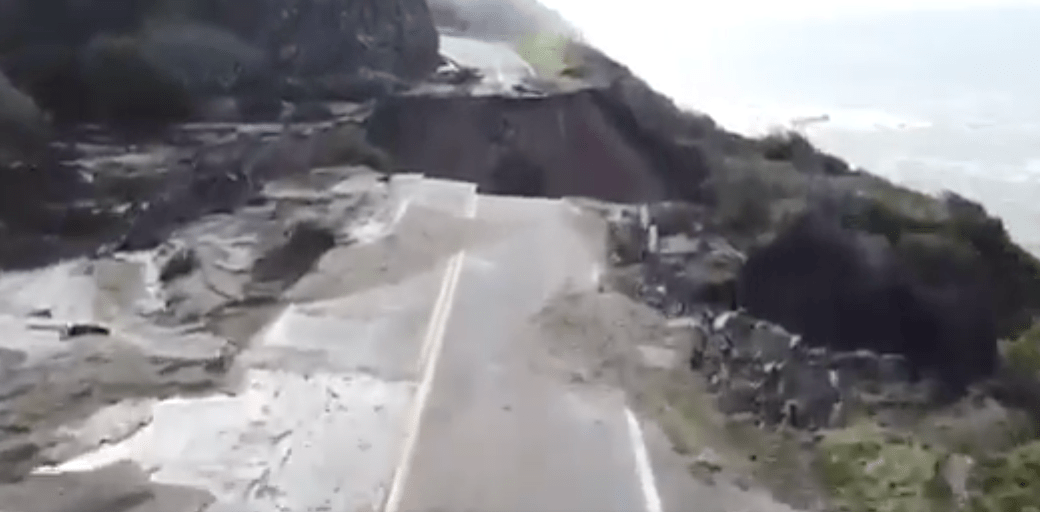 A stretch of Highway 1 near Big Sur is seen collapsed after a winter storm devastated the area. Caltrans officials tweeted this photo on Jan. 29, 2021.