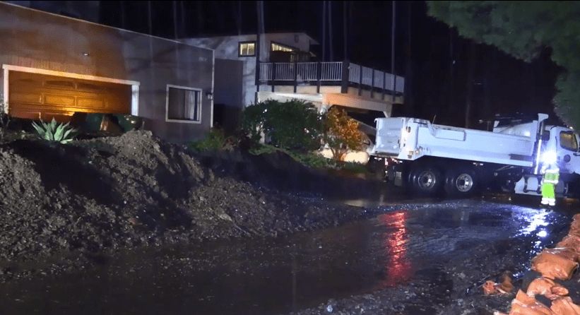 Mud fills the roadway in Silverado Canyon on Jan. 29, 2021. (O.C. Hawk)