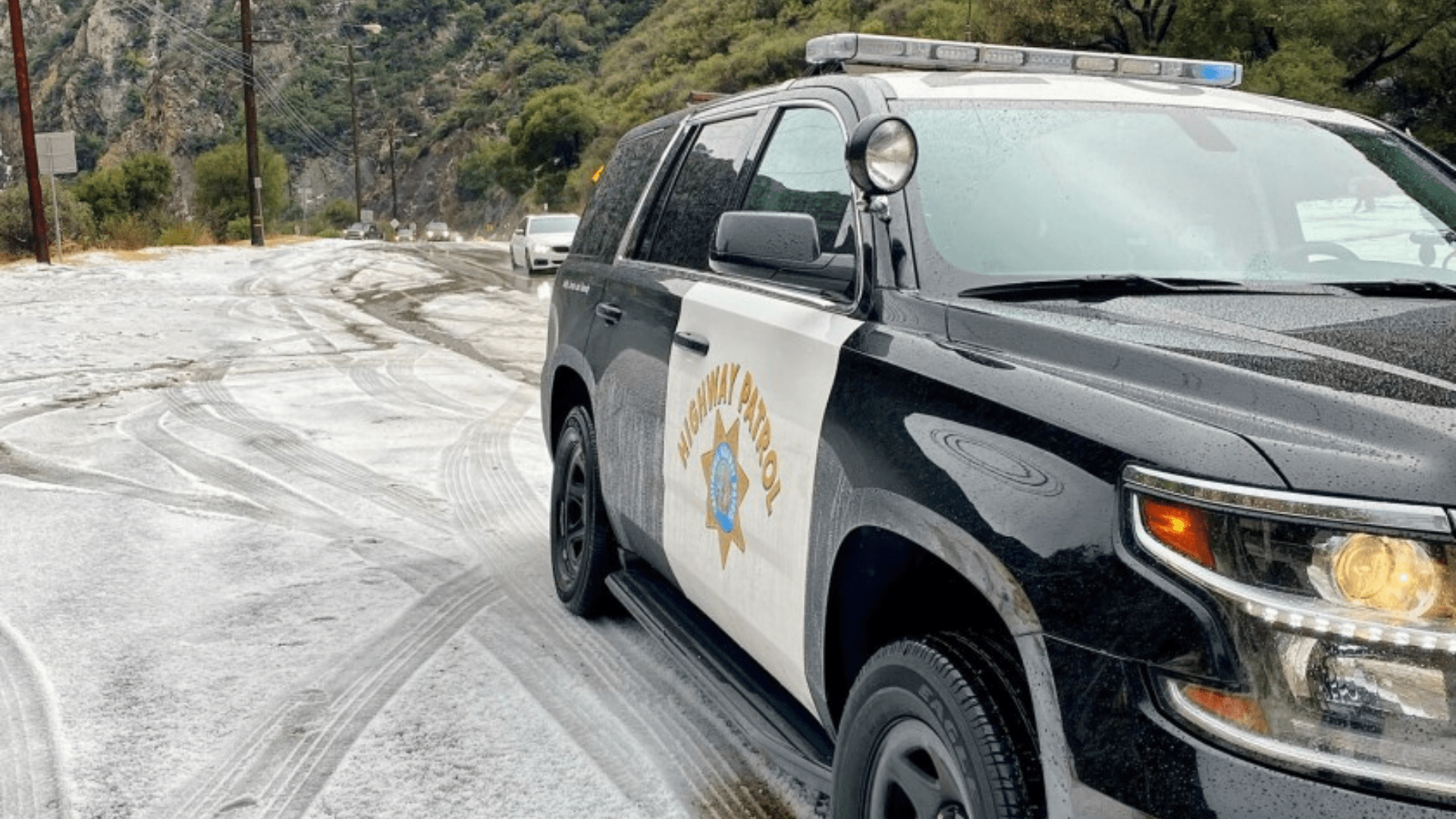 Members of the California Highway Patrol urged drivers in the Malibu region to slow down and drive cautiously after a rare bit of snow fell on the area on Jan. 24, 2021. (California Highway Patrol)