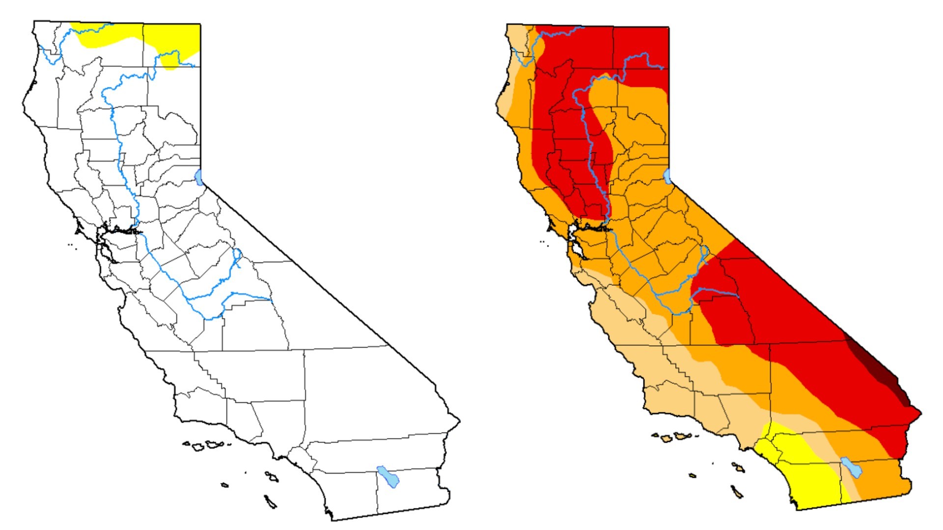 Left: The drought map from Jan. 21, 2020, shows a drought-free California, with only a small percentage of the state experiencing abnormally dry conditions; Right: The drought map from Jan. 19, 2021, shows the majority of California is mired in drought. (U.S. Drought Monitor)