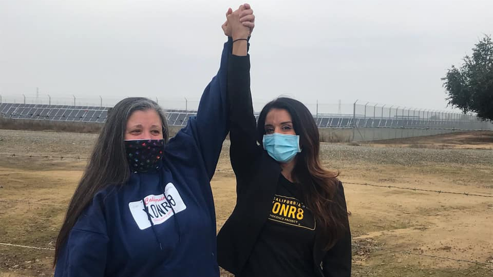 JoAnn Parks, left, and attorney Raquel Cohen celebrate Parks’ release from prison on Jan. 12, 2021, in a photo provided by the California Innocence Project.