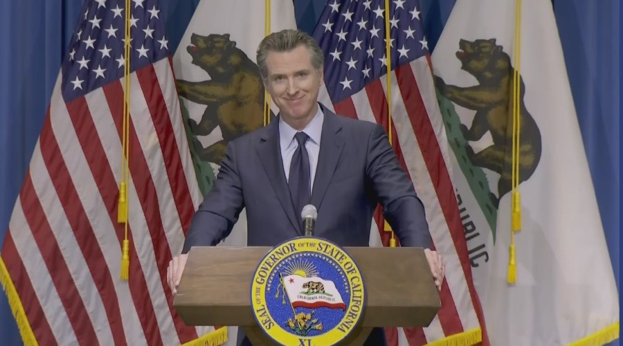 California Gov. Gavin Newsom delivers his budget in a livestream from the state on Jan. 8, 2021.