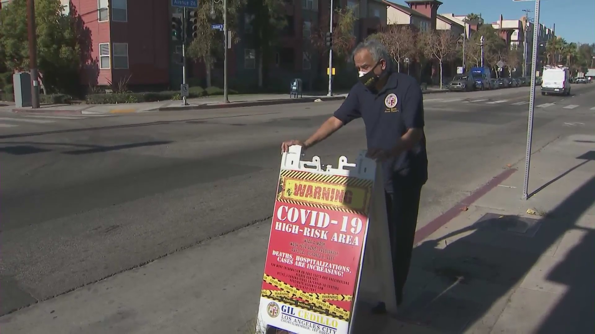 L.A. Councilman Gil Cedillo on Jan. 20, 2021 had these of warning signs placed in Westlake, Pico Union, Highland Park and Lincoln Heights. (KTLA)