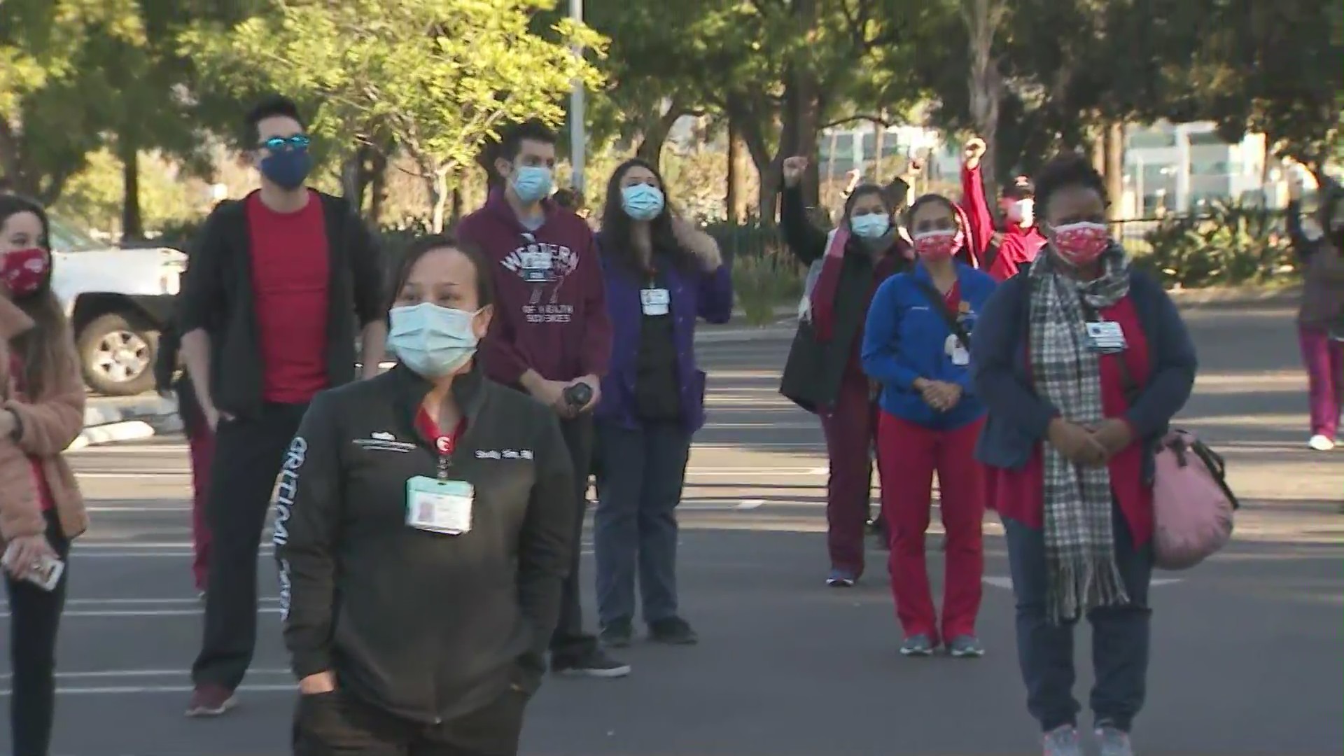 Nurses stage a protest outside the Methodist Hospital of Southern California in Arcadia on Jan. 2, 2021 to demand more staffing.