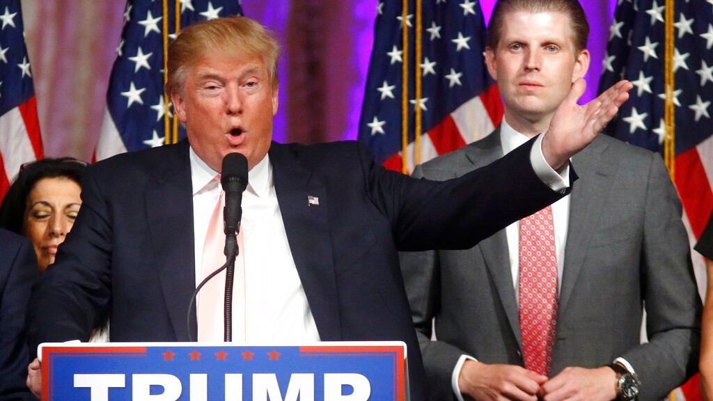 In this Tuesday, March 15, 2016, file photo, Republican presidential candidate Donald Trump speaks to supporters at his primary election night event at his Mar-a-Lago Club in Palm Beach, Fla. (AP Photo/Gerald Herbert, File)