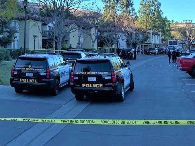 The Ventura County Sheriff's Department, which tweeted this image, respond to a report of a shooting at an apartment complex in the 2300 block of Fountain Crest Lane in Thousand Oaks on Jan. 11, 2021. (KTLA)