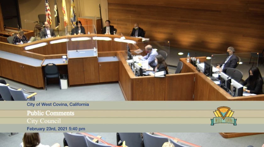 A West Covina City Council meeting on Feb. 23, 2021, is seen in a screen grab from YouTube.