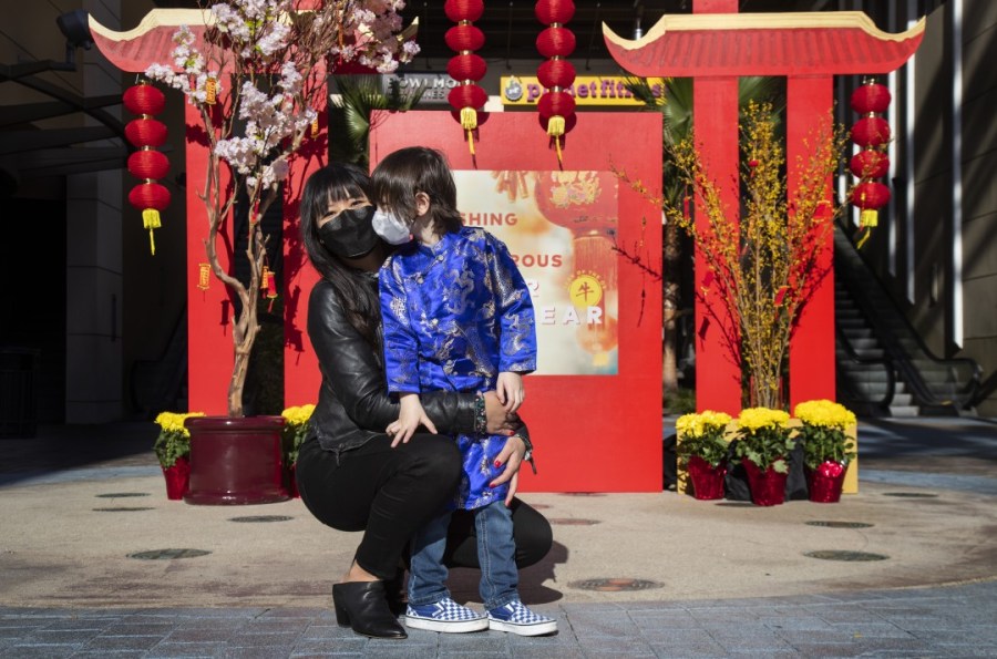 Kat Nguyen-De Angelis is seen with her son Dominic, 4, at the pagoda photo display under a sea of red lanterns at the Union Market in Tustin in an undated photo.(Gina Ferazzi / Los Angeles Times)