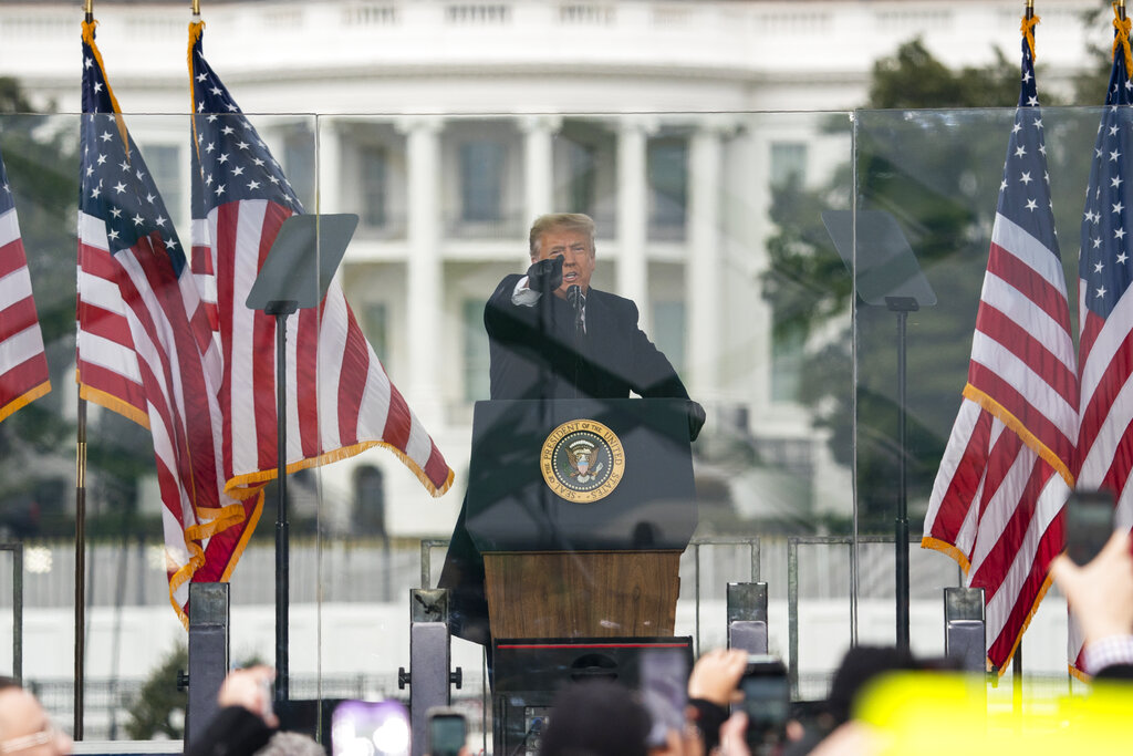 In this Jan. 6, 2021, file photo President Donald Trump speaks during a rally protesting the electoral college certification of Joe Biden as President in Washington. (AP Photo/Evan Vucci, File)