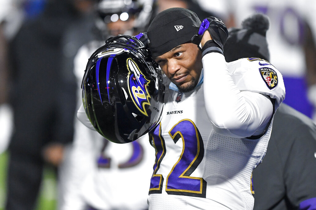 Baltimore Ravens cornerback Jimmy Smith (22) warms up before an NFL divisional round football game against the Buffalo Bills Saturday, Jan. 16, 2021, in Orchard Park, N.Y. (AP Photo/Adrian Kraus)