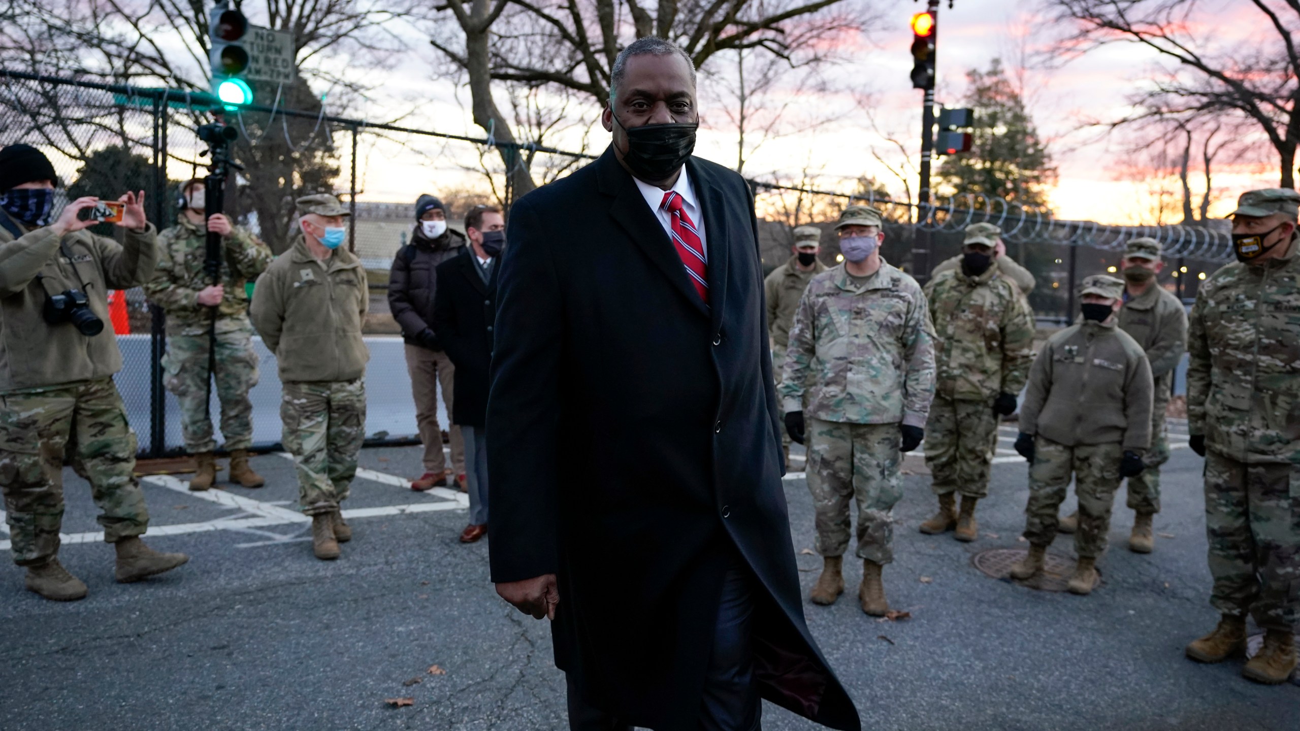 Secretary of Defense Lloyd Austin visits National Guard troops deployed at the U.S. Capitol and its perimeter, Friday, Jan. 29, 2021 on Capitol Hill in Washington. (AP Photo/Manuel Balce Ceneta)