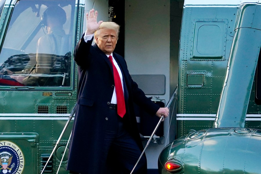 In this Wednesday, Jan. 20, 2021, file photo, Donald Trump waves as he boards Marine One on the South Lawn of the White House, in Washington, en route to his Mar-a-Lago Florida Resort. (AP Photo/Alex Brandon, File)