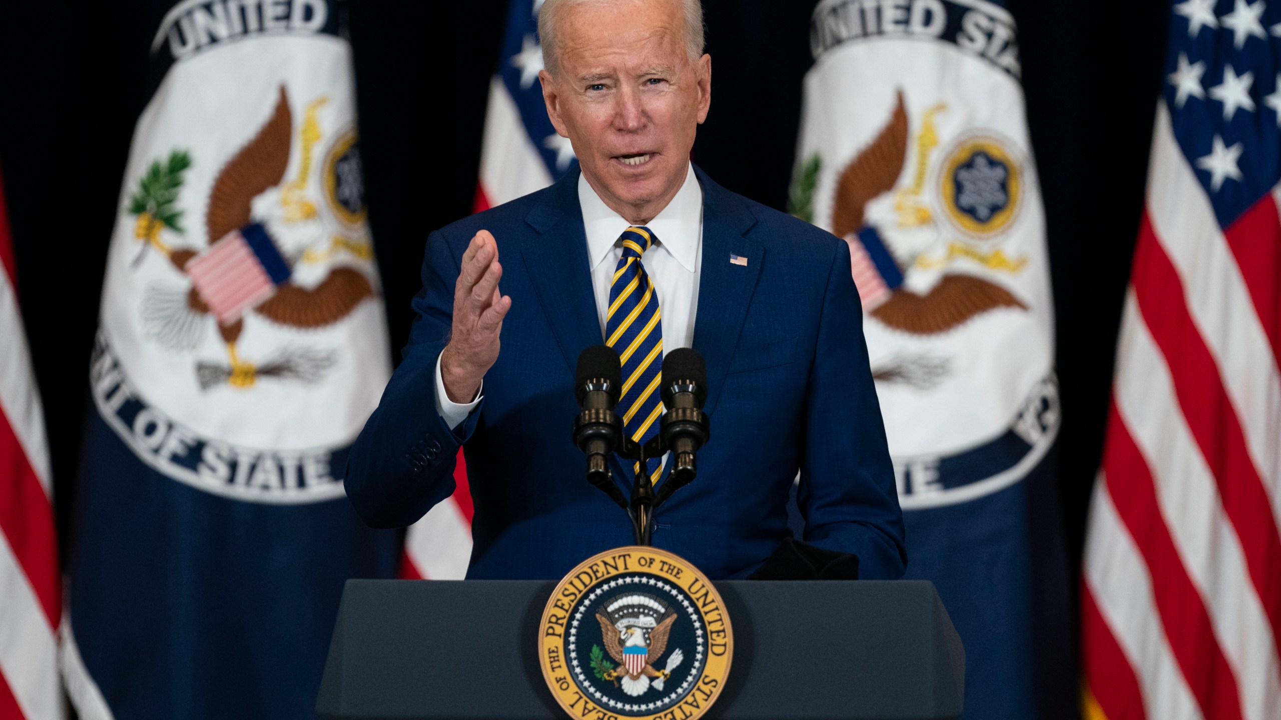 President Joe Biden delivers remarks to State Department staff, Thursday, Feb. 4, 2021, in Washington. (AP Photo/Evan Vucci)