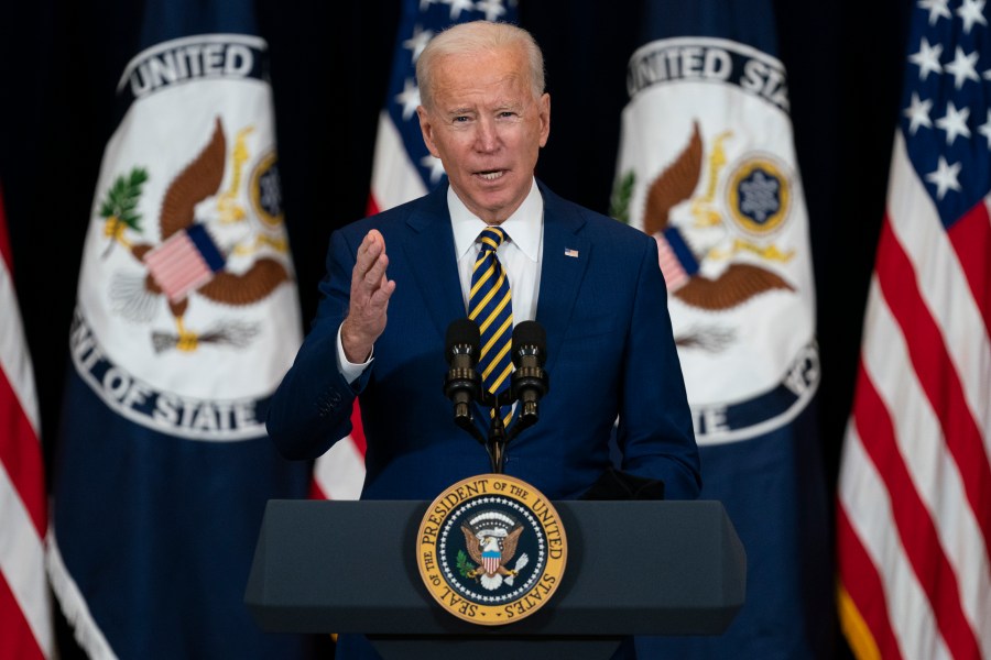 President Joe Biden delivers remarks to State Department staff, Thursday, Feb. 4, 2021, in Washington. (AP Photo/Evan Vucci)