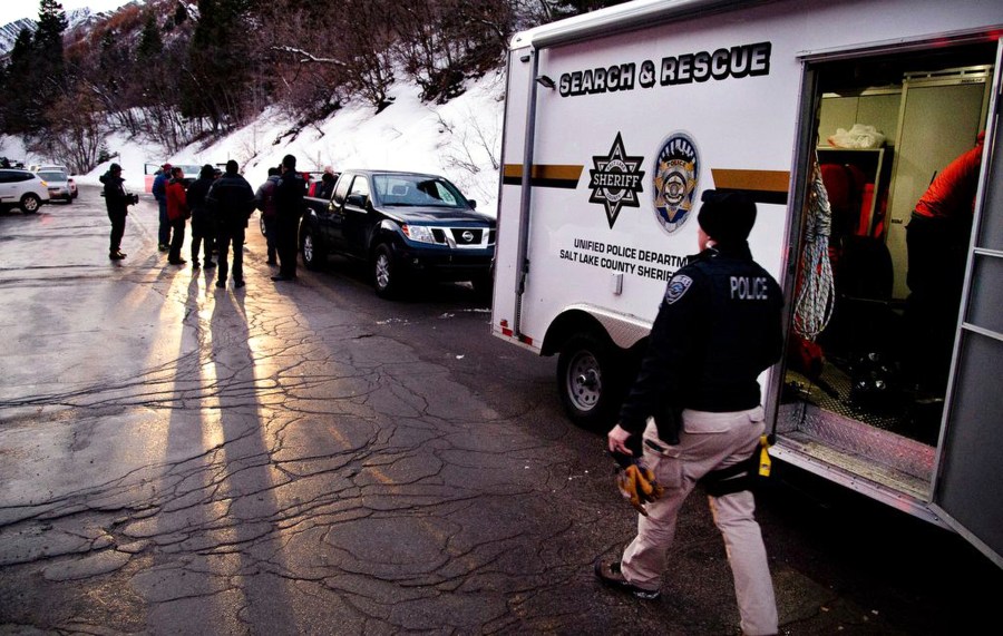 Salt Lake County Sheriff Search and Rescue crews respond to the top of Millcreek Canyon where four skiers died in an avalanche Saturday, Feb. 6, 2021, near Salt Lake City. (Francisco Kjolseth/The Salt Lake Tribune via AP)