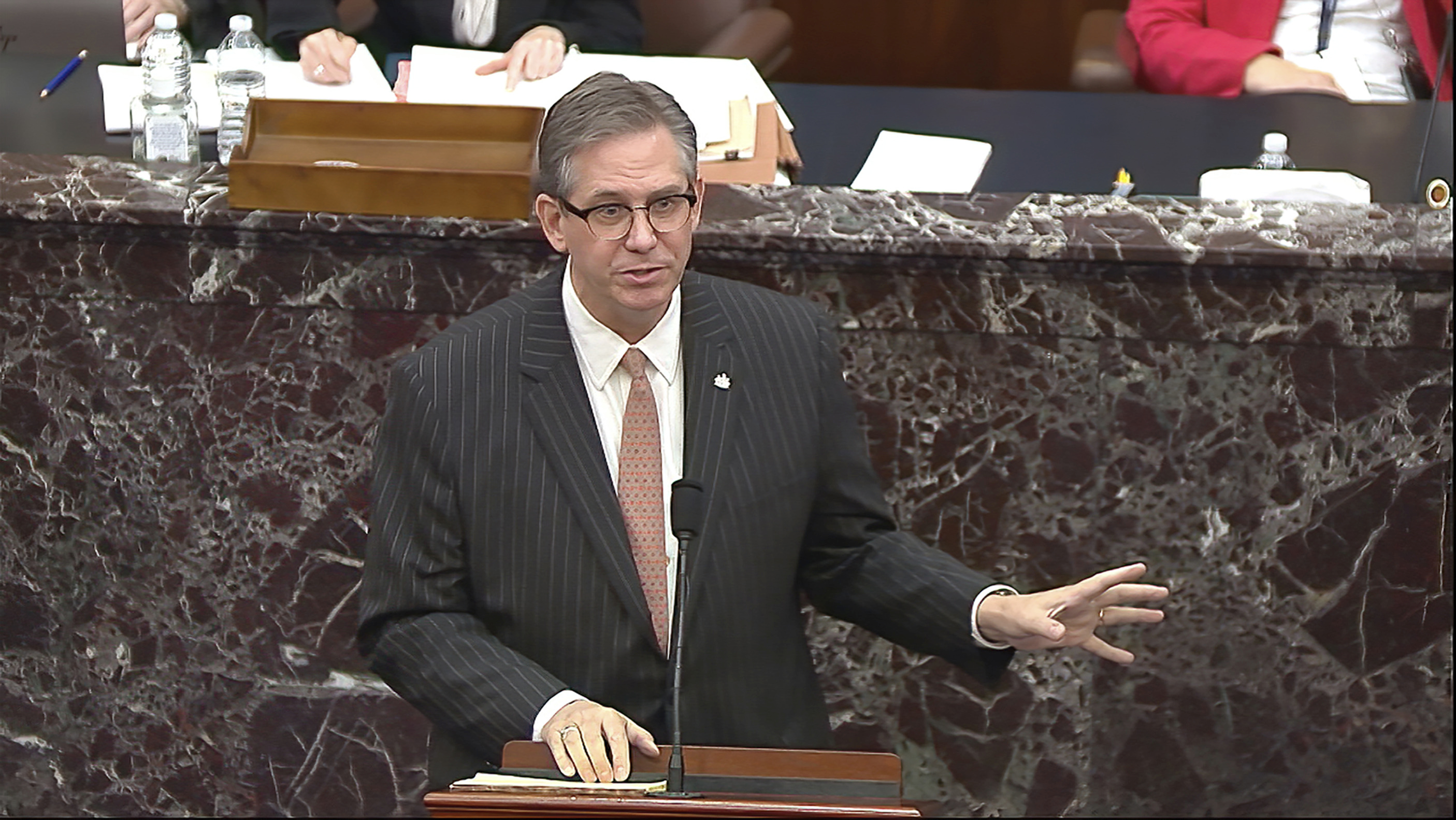 In this image from video, Bruce Castor, an attorney for former President Donald Trump speaks during the second impeachment trial of Trump in the Senate at the U.S. Capitol in Washington, Tuesday, Feb. 9, 2021. (Senate Television via AP)