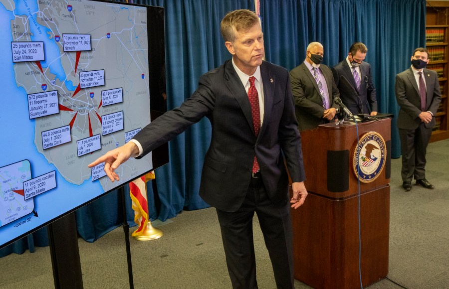 David L. Anderson, the United States Attorney for the Northern District of California, announces the results of a large Bay Area-based drug bust linked to the Sinaloa Cartel in Mexico, on Feb. 11, 2021, in San Francisco. (Karl Mondon/Bay Area News Group via AP, Pool)