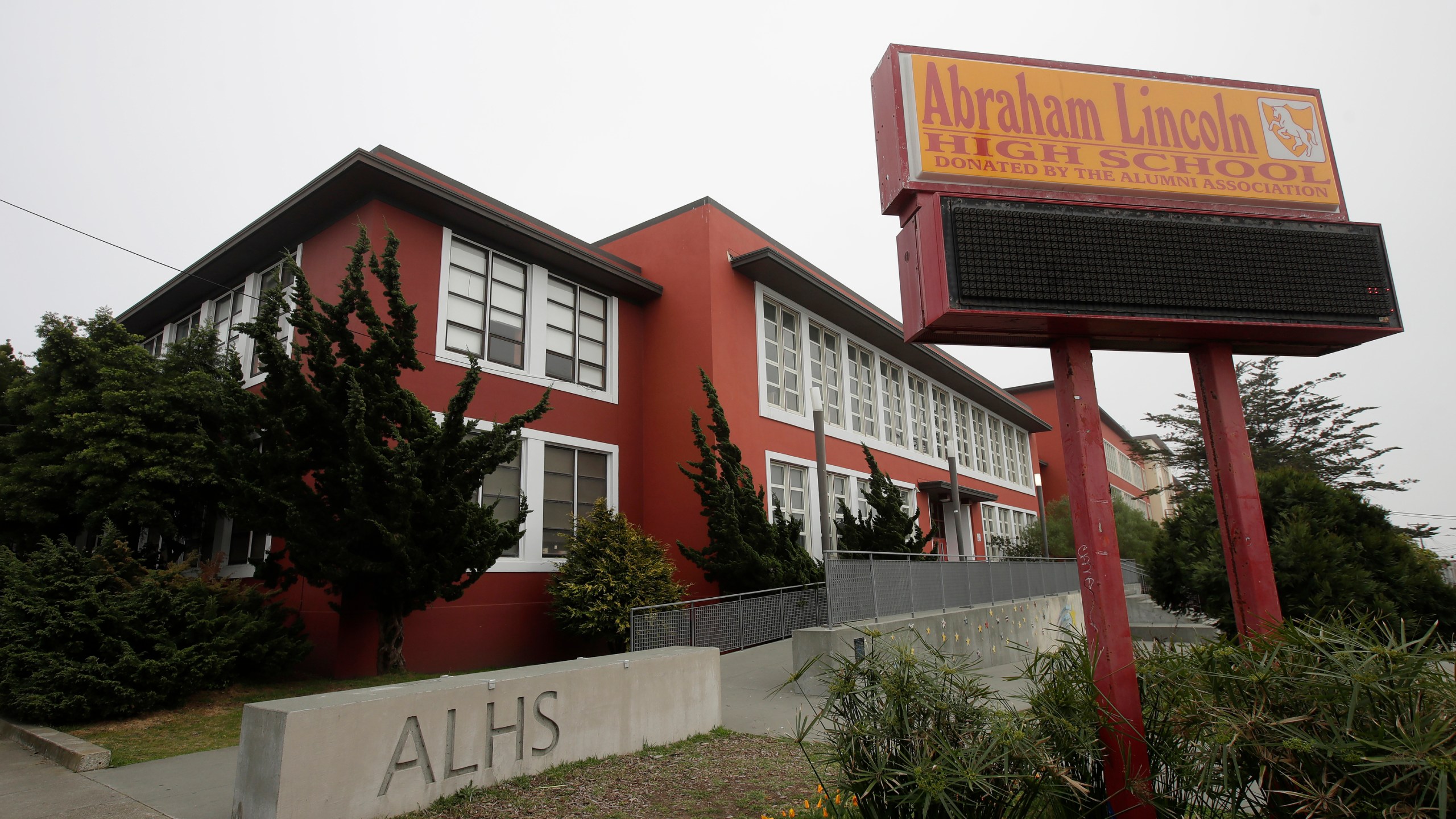 This March 12, 2020, file photo, shows the Abraham Lincoln High School in San Francisco. (AP Photo/Jeff Chiu, File)