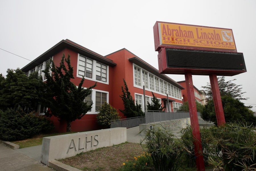 This March 12, 2020, file photo, shows the Abraham Lincoln High School in San Francisco. (AP Photo/Jeff Chiu, File)