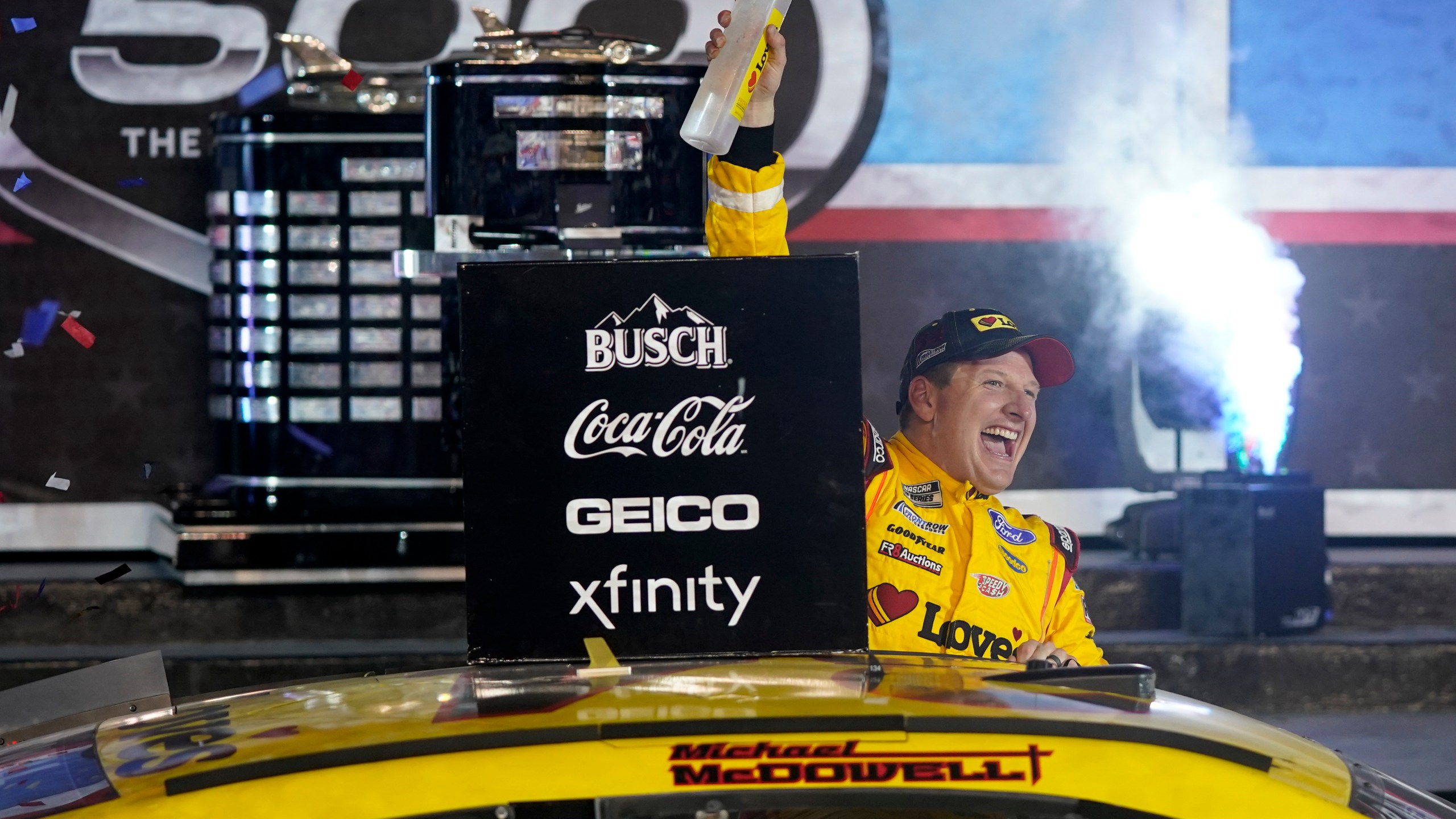 Michael McDowell celebrates after winning the NASCAR Daytona 500 auto race at Daytona International Speedway, Monday, Feb. 15, 2021, in Daytona Beach, Fla. (AP Photo/John Raoux)Michael McDowell celebrates after winning the NASCAR Daytona 500 auto race at Daytona International Speedway, Monday, Feb. 15, 2021, in Daytona Beach, Fla. (AP Photo/John Raoux)