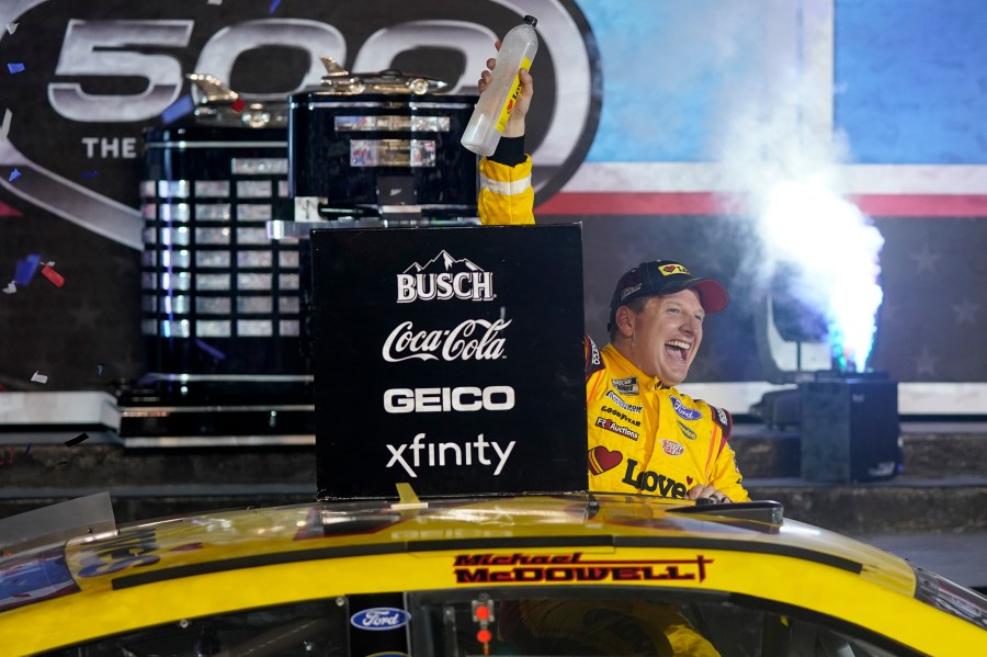 Michael McDowell celebrates after winning the NASCAR Daytona 500 auto race at Daytona International Speedway, Monday, Feb. 15, 2021, in Daytona Beach, Fla. (AP Photo/John Raoux)Michael McDowell celebrates after winning the NASCAR Daytona 500 auto race at Daytona International Speedway, Monday, Feb. 15, 2021, in Daytona Beach, Fla. (AP Photo/John Raoux)