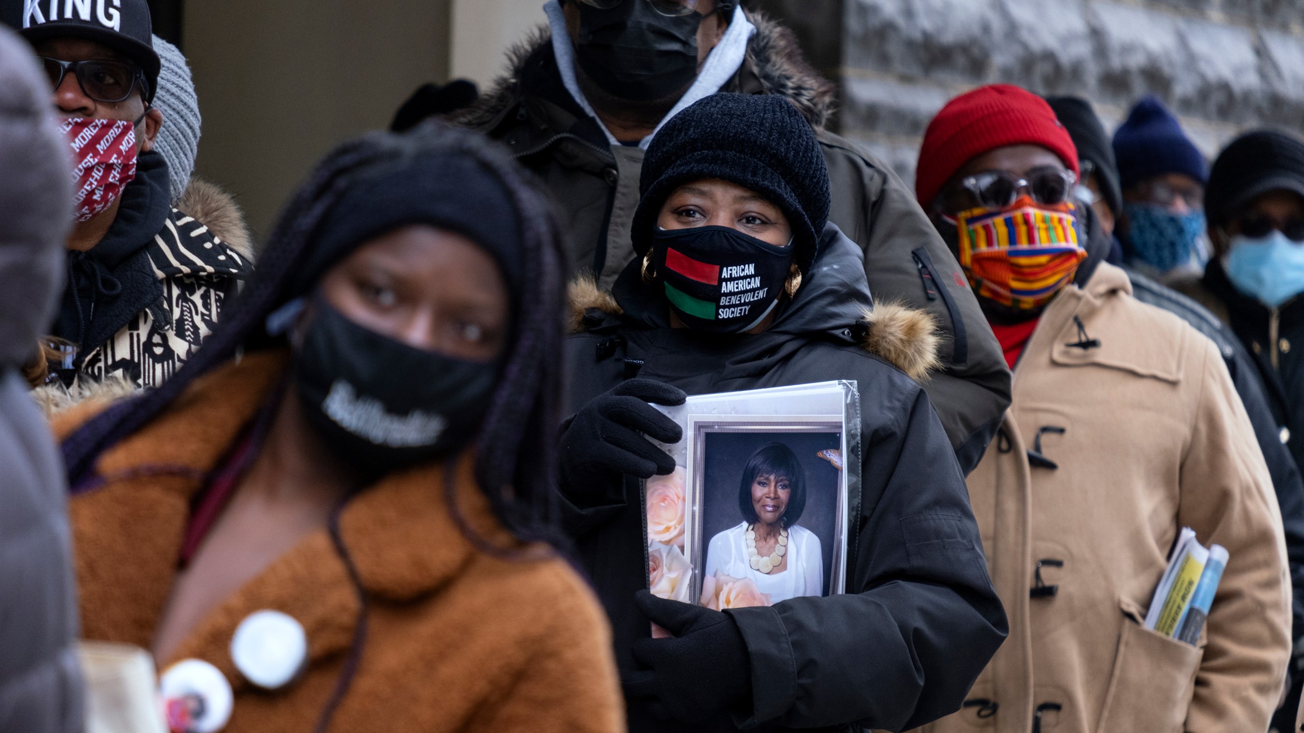 People wait IN line to attend a public viewing for Cicely Tyson at the Abyssinian Baptist Church in the Harlem neighborhood of New York, Monday, Feb. 15, 2021. (AP Photo/Craig Ruttle)