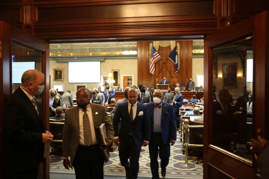 South Carolina House Democrats walk out as an abortion bill is debated on Wednesday, Feb. 17, 2021 in Columbia, S.C. (AP Photo/Jeffrey Collins)