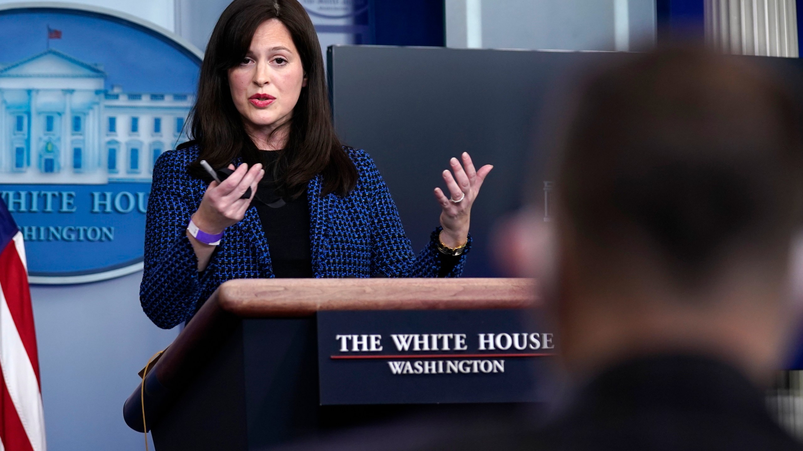 White House deputy national security adviser Anne Neuberger speaks during a press briefing on Feb. 17, 2021, in Washington. (AP Photo/Evan Vucci)