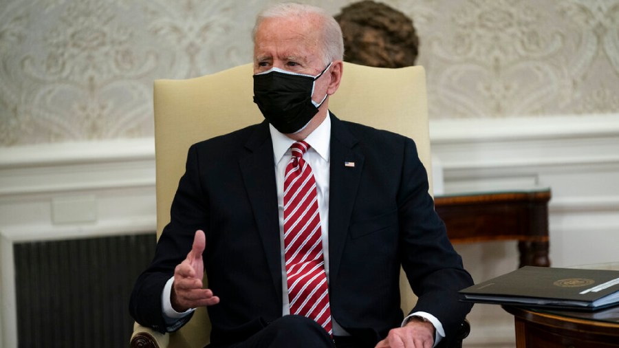 President Joe Biden speaks during a meeting with labor leaders in the Oval Office of the White House, Wednesday, Feb. 17, 2021, in Washington. (AP Photo/Evan Vucci)