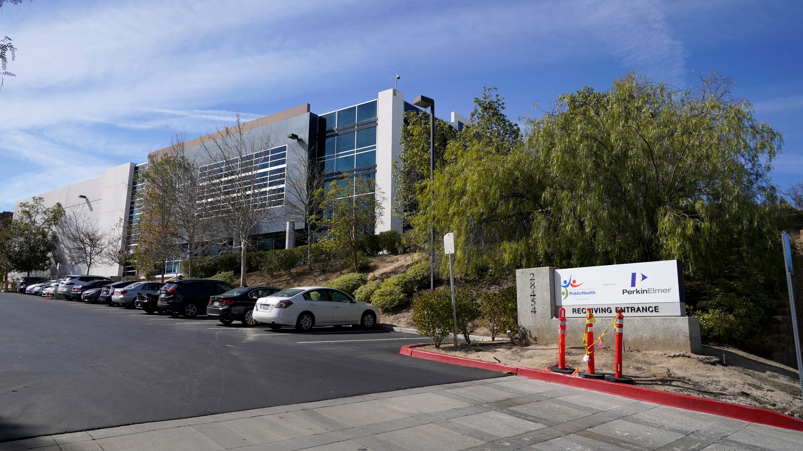 The exterior of the PerkinElmer lab in Valencia is seen on Feb. 11, 2021. (Marcio Jose Sanchez / Associated Press)