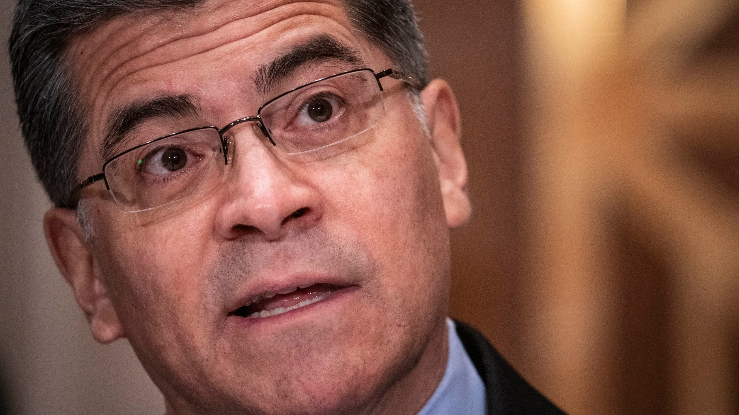 Xavier Becerra speaks during his confirmation hearing to be Secretary of Health and Human Services before the Senate Health, Education, Labor and Pensions Committee, Tuesday, Feb. 23, 2021 on Capitol Hill in Washington. (Sarah Silbiger/Pool via AP)