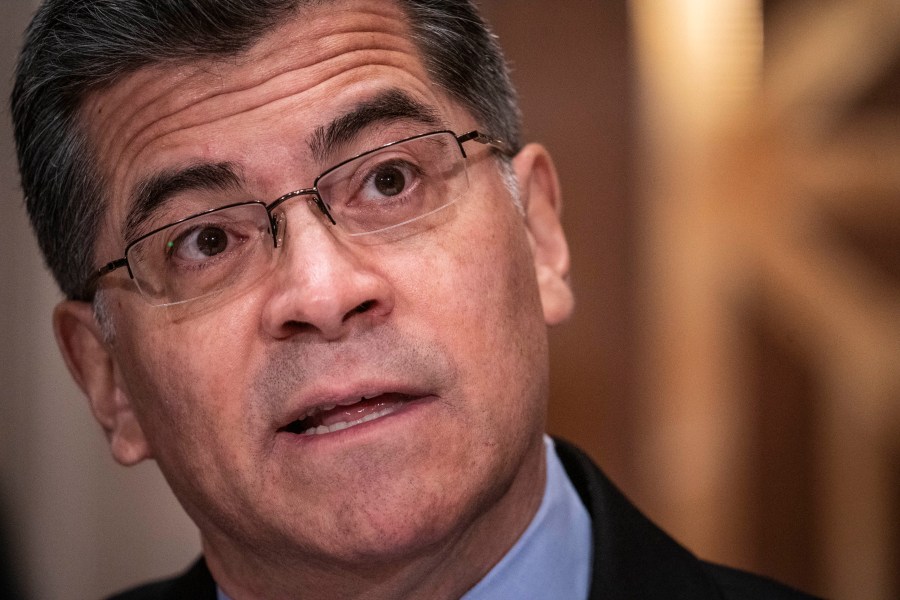 Xavier Becerra speaks during his confirmation hearing to be Secretary of Health and Human Services before the Senate Health, Education, Labor and Pensions Committee, Tuesday, Feb. 23, 2021 on Capitol Hill in Washington. (Sarah Silbiger/Pool via AP)