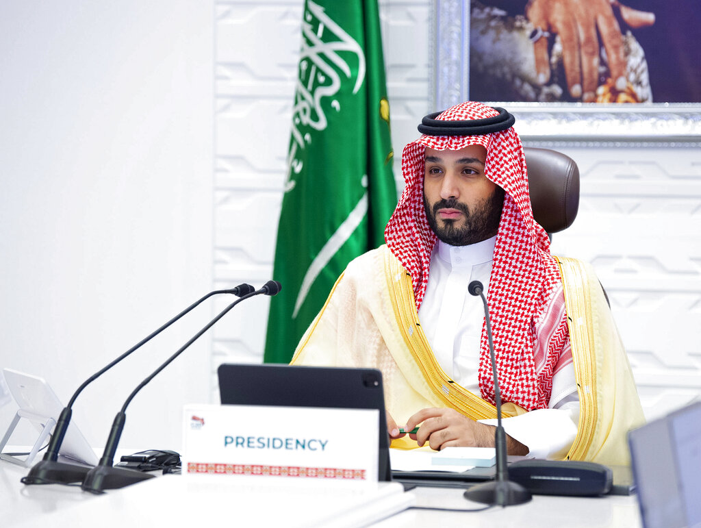 In this Nov. 22, 2020, file photo, Saudi Arabia's Crown Prince Mohammed bin Salman attends a virtual G-20 summit held over video conferencing, in Riyadh, Saudi Arabia. (Bandar Aljaloud/Saudi Royal Palace via AP, File)