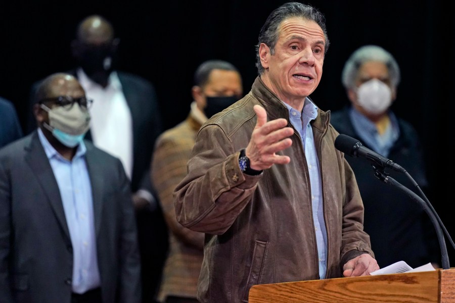 In this Wednesday, Feb. 24, 2021, file photo, New York Gov. Andrew Cuomo speaks during a press conference before the opening of a mass COVID-19 vaccination site in the Queens borough of New York. (AP Photo/Seth Wenig, Pool, File)