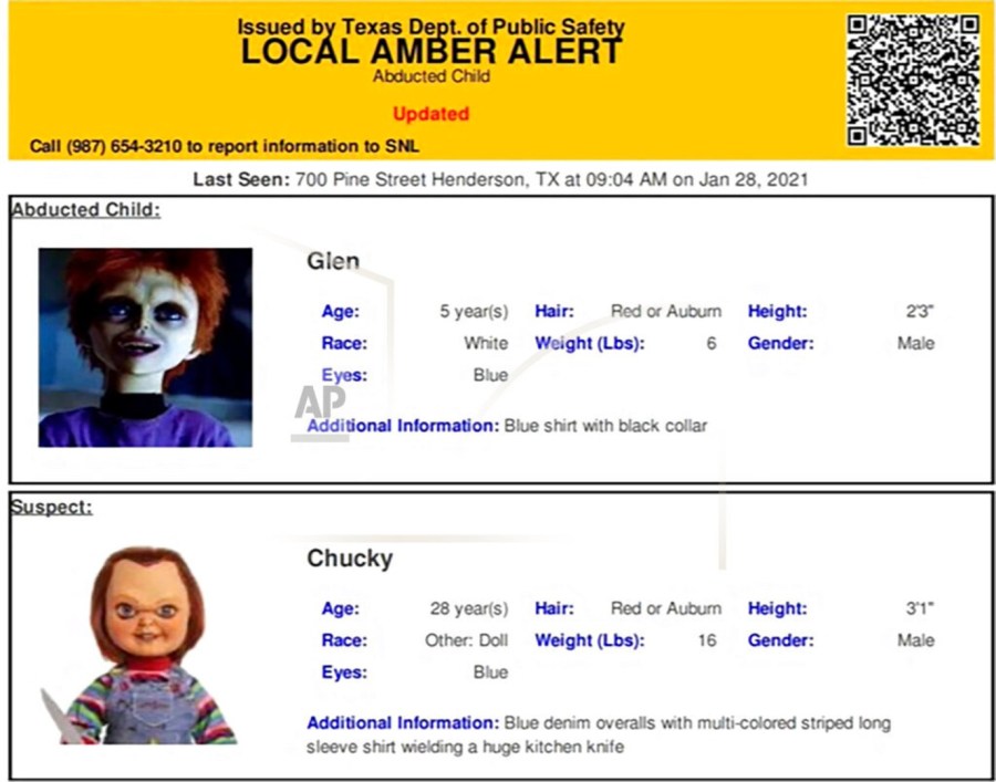 This photo provided by The Texas Department of Public Safety shows an Amber Alert test for Chucky and his son Glen Ray that was released last Friday, Jan. 29, 2021 by the agency. The Texas Department of Public Safety is apologizing after accidentally sending out an Amber Alert about Chucky, the killer doll featured in the 1980s horror film “Child's Play.” The alert was meant to be an internal test, but it was instead sent out three times last week in Texas. (Texas Department of Public Safety/The San Antonio Express-News via AP)