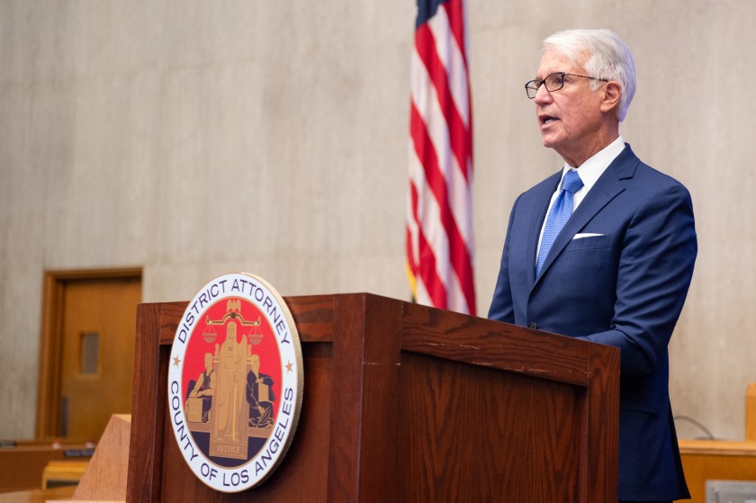 L.A. County District Attorney George Gascón delivers remarks after he taking the oath of office on Dec. 7, 2020, at the Kenneth Hahn Hall of Administration. (Bryan Chan / Los Angeles County)