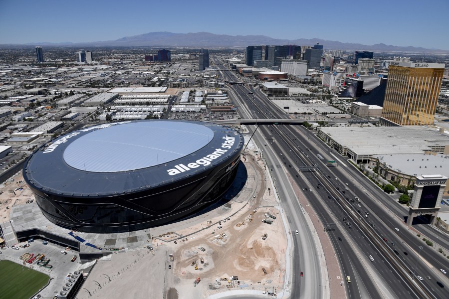 An aerial view shows hotel-casinos on the Las Vegas Strip east of the construction continuing at Allegiant Stadium on May 21, 2020 in Las Vegas, Nevada. (Ethan Miller/Getty Images)