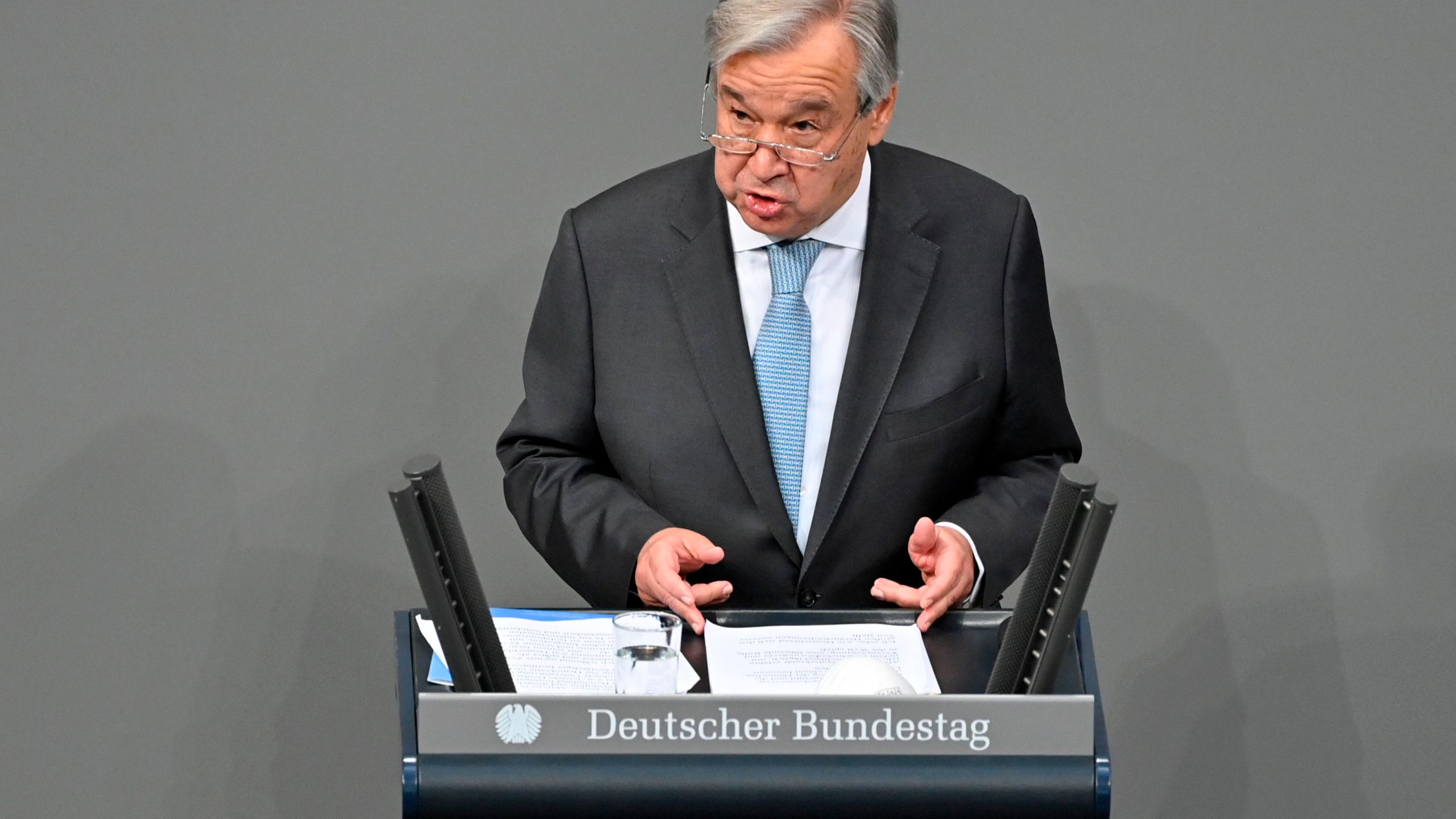 The Secretary General of the United Nations (UN) Antonio Guterres speaks at the Bundestag (lower house of parliament) on Dec. 18, 2020, in Berlin. (John MACDOUGALL / AFP via Getty Images)