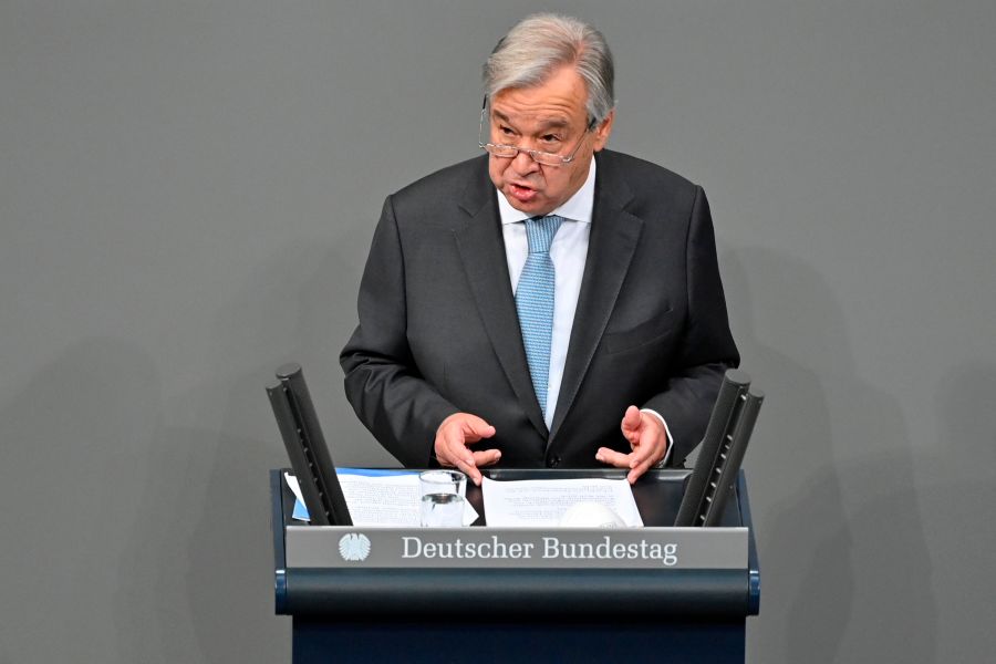 The Secretary General of the United Nations (UN) Antonio Guterres speaks at the Bundestag (lower house of parliament) on Dec. 18, 2020, in Berlin. (John MACDOUGALL / AFP via Getty Images)