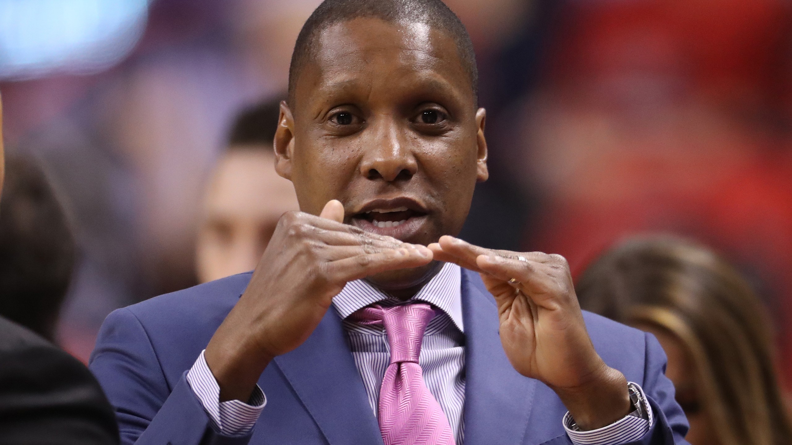 Masai Ujiri of the Toronto Raptors is seen before the start of a game against the Cleveland Cavaliers in Game Three of the Eastern Conference Finals during the 2016 NBA Playoffs at the Air Canada Centre on May 21, 2016 in Toronto, Ontario, Canada. (Tom Szczerbowski/Getty Images)