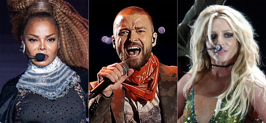 This combination photo shows, from left, Janet Jackson performing at the Essence Festival in New Orleans on July 8, 2018, from left, Justin Timberlake performing during halftime of the NFL Super Bowl 52 football game in Minneapolis on Feb. 4, 2018 and Britney Spears performing during her concert in Taipei, Taiwan on June 13, 2017. (AP Photo)