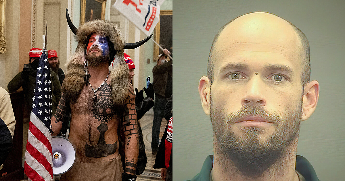 Jacob Chansley at the Capitol and in jail. (Photo by SAUL LOEB / AFP) /The Alexandria (Va.) Sheriff's Office