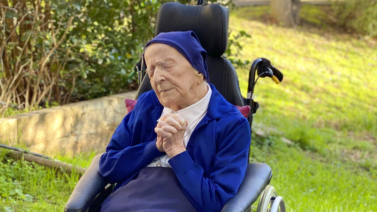 This photo provided by the Sainte-Catherine Laboure care home communications manager shows Lucile Randon, Sister Andre's birth name, in Toulon, southern France, Wednesday, Feb. 10, 2021. A 116-year-old French nun who is believed to be the world’s second-oldest person has survived COVID-19. French media reported that Sister André tested positive for the coronavirus in mid-January in France’s southern city of Toulon. (Sainte-Catherine Laboure care home/ David Tavella via AP)